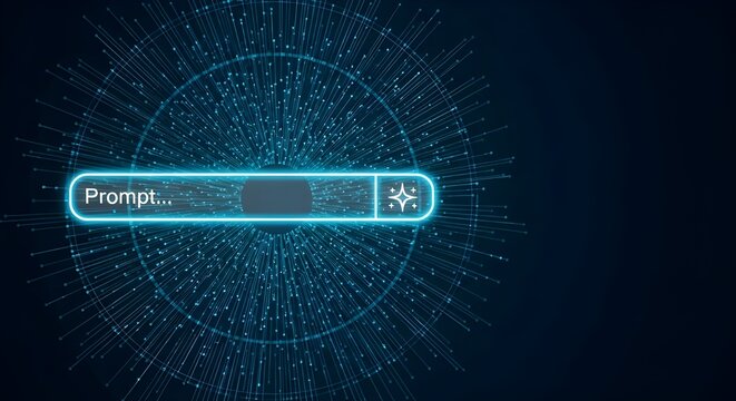 Futuristic glowing blue prompt search bar with digital network data visualization on a dark background, representing AI and technology.