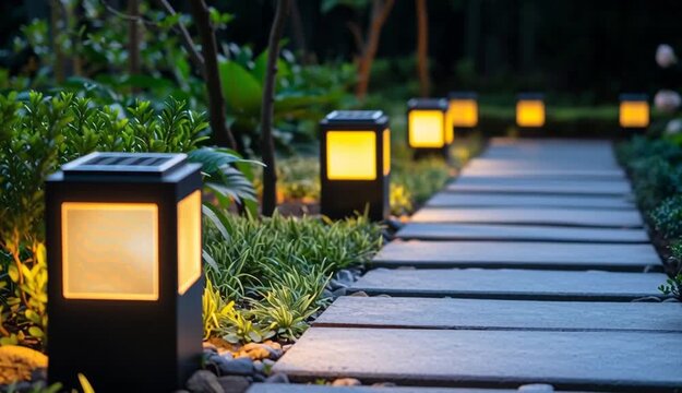 Modern solar-powered garden path lights with warm LED glow lining stone walkway, contemporary cube-shaped outdoor lamps with solar panels on top, 
illuminated pathway through landscaped garden
