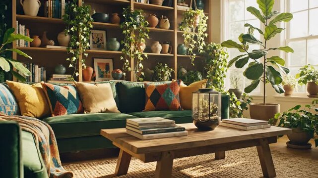 Cozy living room with lush houseplants, a green sofa, wooden coffee table, sunlit shelves. warm glow