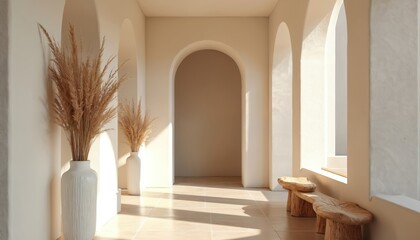Sunlit hallway with arched doorways and modern boho decor. Tall dried grass in white vases enhances the serene ambiance. Rustic wooden benches offer simple seating.