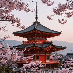 Naklejka premium At sunrise, a serene and tranquil spring scene unfolds featuring a red traditional temple framed by abundant pink cherry blossoms with distant misty mountains