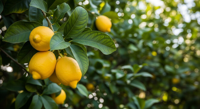 A photograph showcases a cluster of ripe lemons hanging from a tree branch, positioned slightly left of the image center