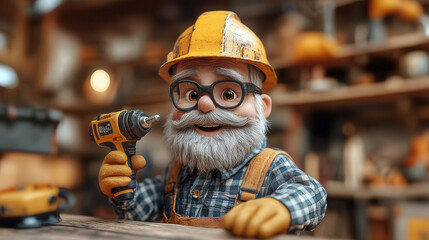 Elderly animated man with beard, glasses, hard hat, and gloves holding power drill in busy workshop. Cartoon grandpa character