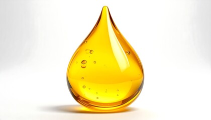 A close-up studio shot showcases a single, translucent, golden droplet, with subtle bubbles inside, against a white gradient