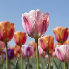 Naklejka premium Close-up of a delicate pink tulip surrounded by various shades in an orange, purple field against a bright blue sky