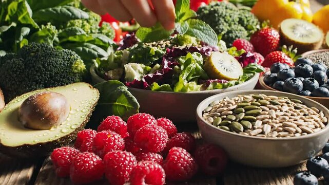 Colorful spread of fresh produce with avocados, berries, greens, and seeds on a rustic wooden table!