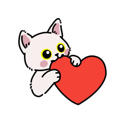 Cute kitten holding a red heart, colorful cartoon illustration expressing love, happiness, and affection, ideal for valentine cards, stickers, and romantic designs.