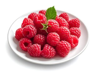 A close-up studio shot showcases a plate piled high with ripe, red, fresh berries, adorned with a vibrant green leaf