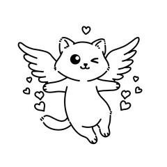 Obraz premium Cute winged kitten with hearts, line art illustration symbolizing love, joy, and angelic charm, perfect for valentine, romance, and playful character designs.
