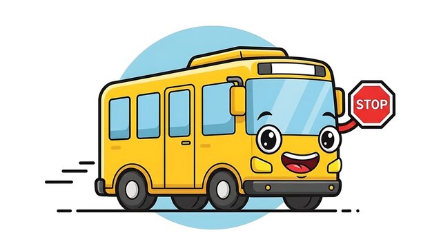 Smiling cartoon school bus in motion.