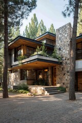 A contemporary house, constructed from stone and timber, is nestled among towering trees under a clear blue sky, creating a serene atmosphere during the day