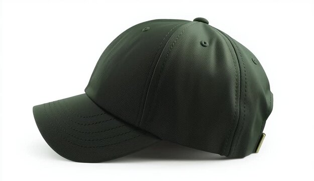 Dark green baseball cap on white background, plain blank dad hat with curved brim, front view centered, cotton twill fabric texture, visible stitching details