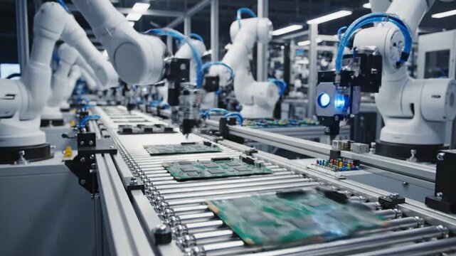 Industrial robotic arms assemble green circuit boards on a high-speed conveyor line under neon glow