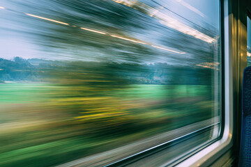 Fast Moving Landscape Seen Through Train Window with Motion Blur