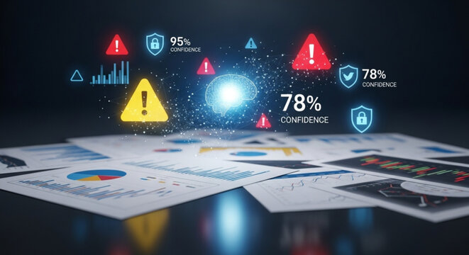 A futuristic digital dashboard displaying various warning signs and charts on a dark background with a collection of papers