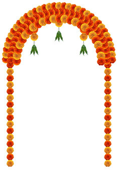 Marigold flowers hanging arch gate frame decorative design element with mango leaves