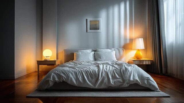 Serene Bedroom Interior: An inviting bedroom with soft, natural lighting, featuring a neatly made bed and elegant decor creating a sense of tranquility and relaxation.