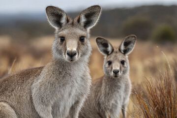 Fototapeta premium Young kangaroo close up with another kangaroo in background in natural dry grassland, showing soft fur and alert ears in calm outdoor setting