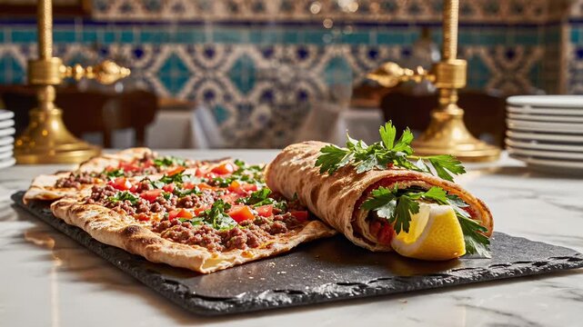 Turkish lahmacun with meat and tomatoes on slate in bistro. Bright natural lighting, soft bokeh. Food concept.