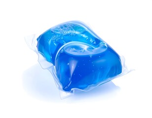 A close-up studio shot showcasing a single, blue laundry detergent pod in its clear, plastic packaging, isolated against a white backdrop