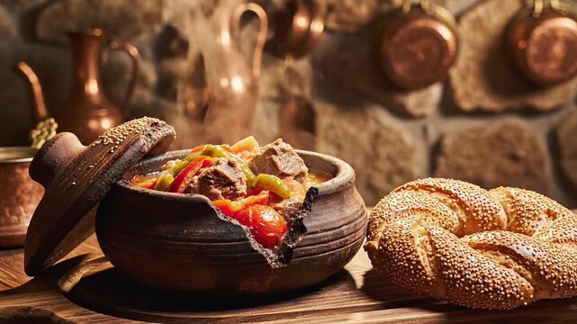 Traditional Testi Kebabi meat stew steaming in broken clay pot. Warm golden lighting, rustic cinematic atmosphere.