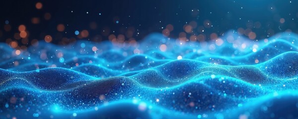 Abstract glowing blue waves composed of tiny particles flow across dark background with bokeh lights. Digital science, cyber tech visuals represent network data, internet connections in futuristic