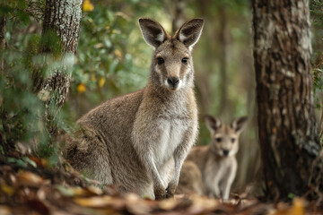 Fototapeta premium Young kangaroo in natural forest environment with another kangaroo blurred in background, showing alert and calm wildlife behavior in autumn setting