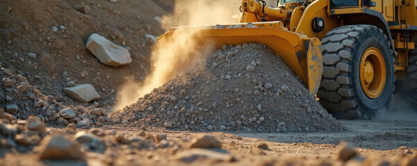 Yellow bulldozer moves rocks and dirt at construction site. Heavy machine prepares land for new building or road construction. Earthworks, quarrying, excavation and site development in action.