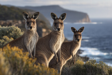 Fototapeta premium Wild kangaroo family standing on coastal cliff with ocean and mountain background, natural wildlife scene with soft light and calm atmosphere