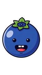 Smiling cartoon blueberry with green leaves.
