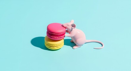 Pink mouse reaching for colorful macarons on bright blue background  