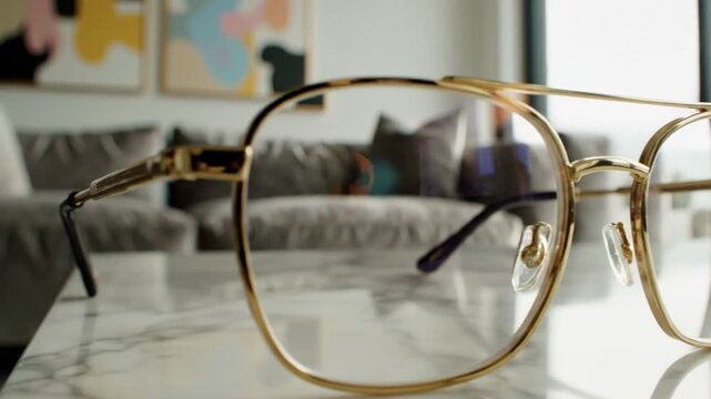 Gold metal-framed eyeglasses rest on a marble table, with a blurred cozy living room beyond in view