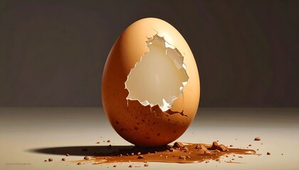A close-up studio shot shows a cracked egg with a portion of the shell broken revealing the empty interior and a splattered surrounding