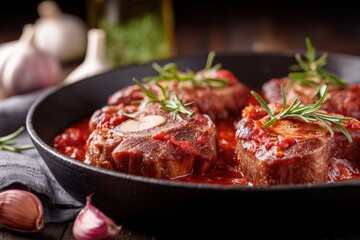 Fototapeta premium Cooking meat in a pan with sauce, garlic, and herbs on a wooden table at a home kitchen during daytime