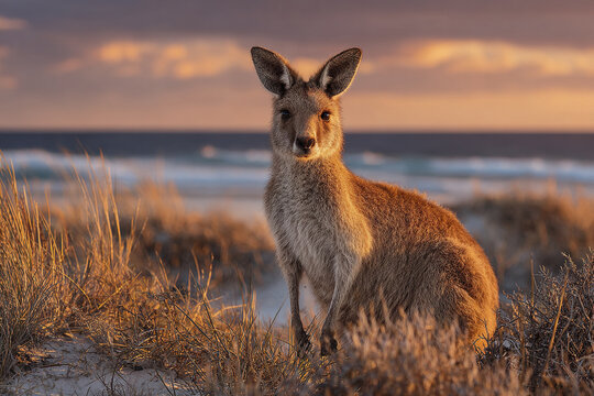 Wild kangaroo on beach at sunset with warm light illuminating its fur and surrounding dry grass, creating peaceful and natural scene by ocean shore