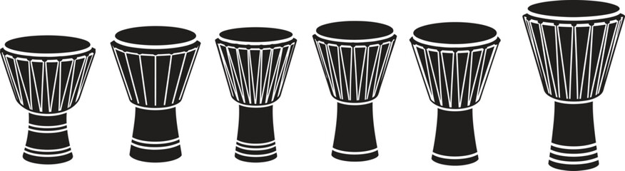 A row of six traditional african djembe drums with intricate designs
