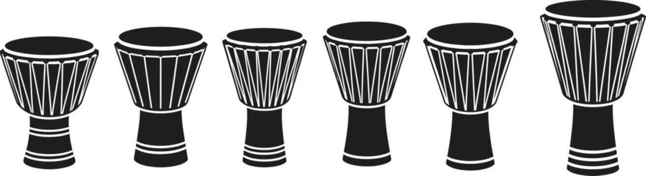 A row of six traditional african djembe drums with intricate designs