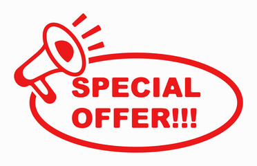 Bold red Special Offer announcement with megaphone icon minimalist design for promotions, ads, social media, and retail marketing. Vector illustration.