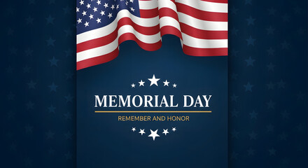 Memorial Day graphic with waving American flag and stars on a blue background