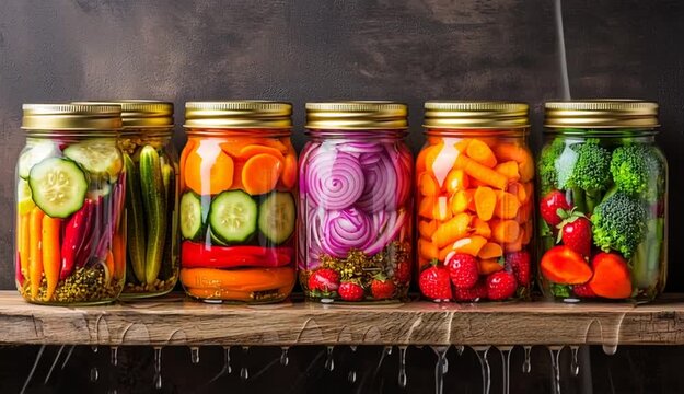 Two rows of mason jars filled with colorful pickled vegetables on rustic wooden shelves, top row contains pink pickled onions, cucumber slices, broccoli and carrots, orange carrot sticks, broccoli w