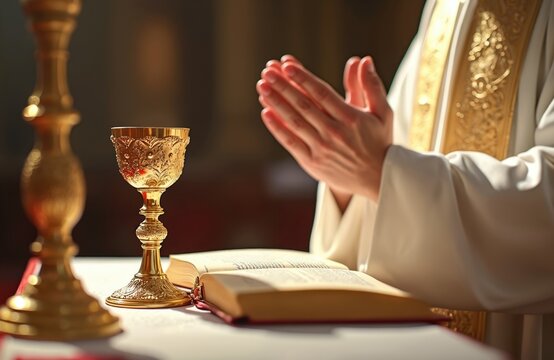 Priest in white vestments holds hands in prayer before golden chalice and open bible. Holy communion sacrament rite in church. Faith ritual service.