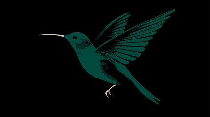 Obraz premium Vibrant emerald green hummingbird in graceful flight, a graphic illustration against a minimalist black background.