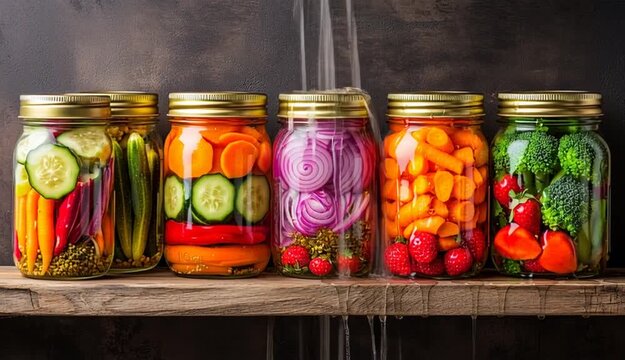 Two rows of mason jars filled with colorful pickled vegetables on rustic wooden shelves, top row contains pink pickled onions, cucumber slices, broccoli and carrots, orange carrot sticks, broccoli w
