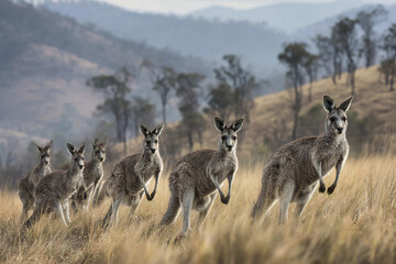 Obraz premium Wild kangaroos moving in line across grassy terrain with hills and trees in background, showing natural wildlife in serene outdoor environment
