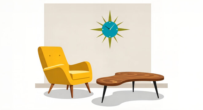 A yellow mid-century modern armchair paired with a kidney-shaped coffee table and starburst wall clock.