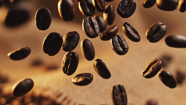 Dark roasted coffee beans suspended midair over a warm, amber-toned surface. In golden light. Glint