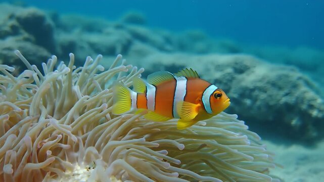 Clownfish in anemone, underwater, 4k, slow motion