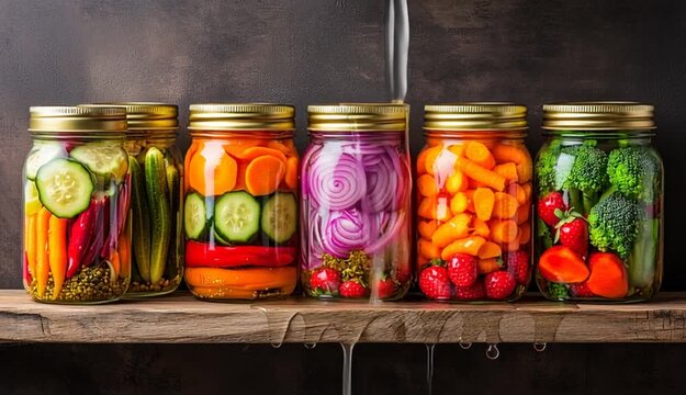 Two rows of mason jars filled with colorful pickled vegetables on rustic wooden shelves, top row contains pink pickled onions, cucumber slices, broccoli and carrots, orange carrot sticks, broccoli w