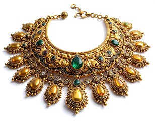A close-up studio shot shows an ornate golden necklace with emerald and amber-colored gemstones. The details are intricate