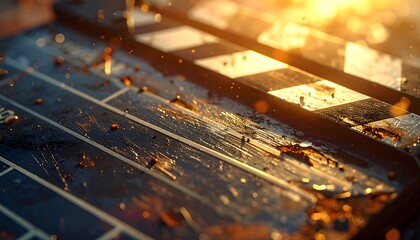 A close-up, sun-drenched view of a film clapperboard, its dark surface reflecting light. The wood grain is visible. The top half is slightly out of focus